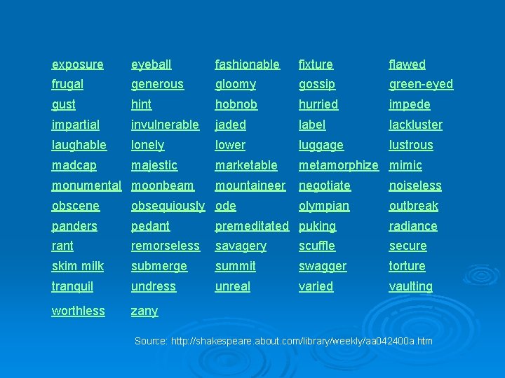 exposure eyeball fashionable fixture flawed frugal generous gloomy gossip green-eyed gust hint hobnob hurried