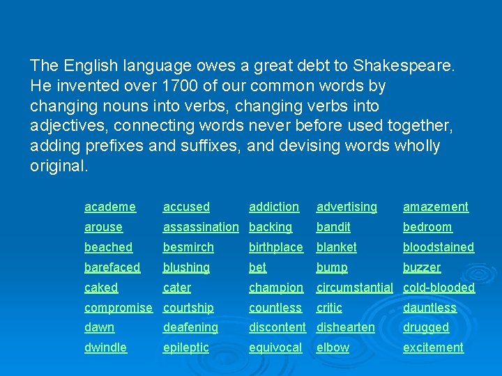 The English language owes a great debt to Shakespeare. He invented over 1700 of