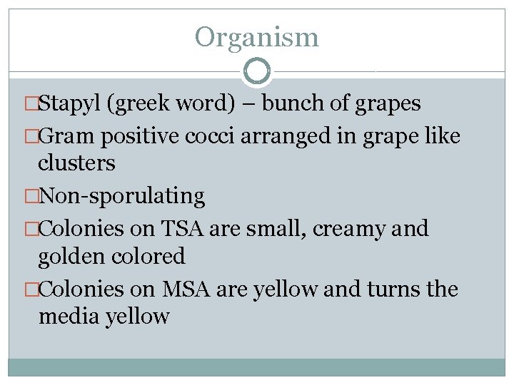 Organism �Stapyl (greek word) – bunch of grapes �Gram positive cocci arranged in grape Organism �Stapyl (greek word) – bunch of grapes �Gram positive cocci arranged in grape