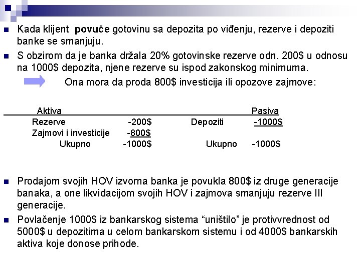 n n Kada klijent povuče gotovinu sa depozita po viđenju, rezerve i depoziti banke