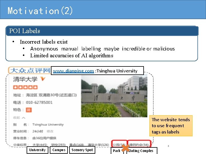 Motivation(2) POI Labels • Incorrect labels exist • Anonymous manual labelling maybe incredible or