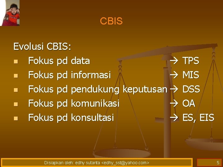 CBIS Evolusi CBIS: n Fokus pd data TPS n Fokus pd informasi MIS n