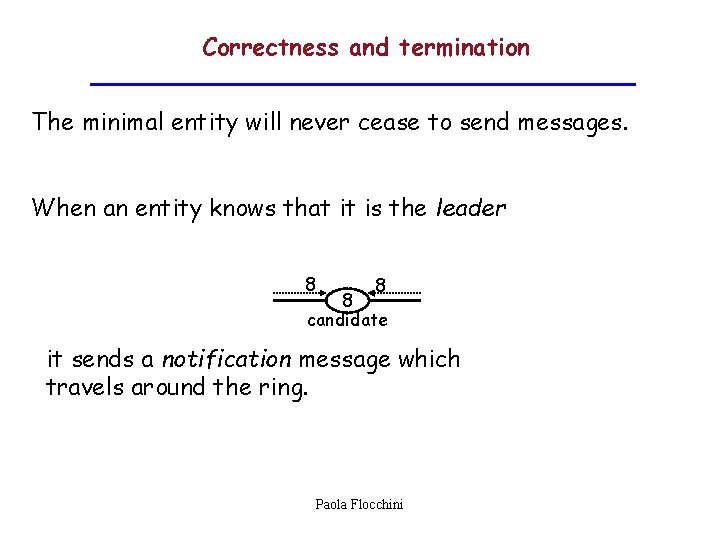 Correctness and termination The minimal entity will never cease to send messages. When an