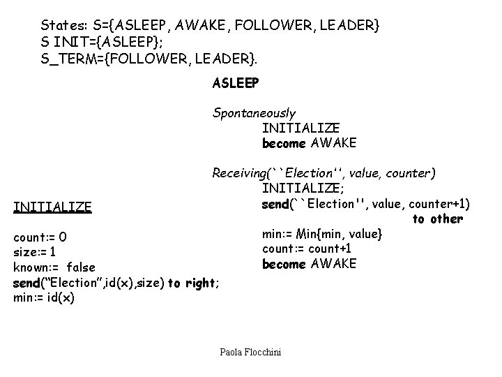 States: S={ASLEEP, AWAKE, FOLLOWER, LEADER} S INIT={ASLEEP}; S_TERM={FOLLOWER, LEADER}. ASLEEP Spontaneously INITIALIZE become AWAKE