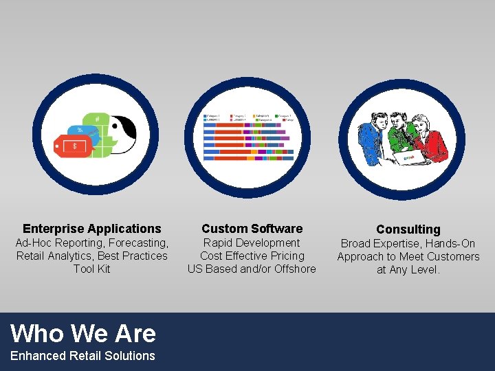 Enterprise Applications Custom Software Consulting Ad-Hoc Reporting, Forecasting, Retail Analytics, Best Practices Tool Kit