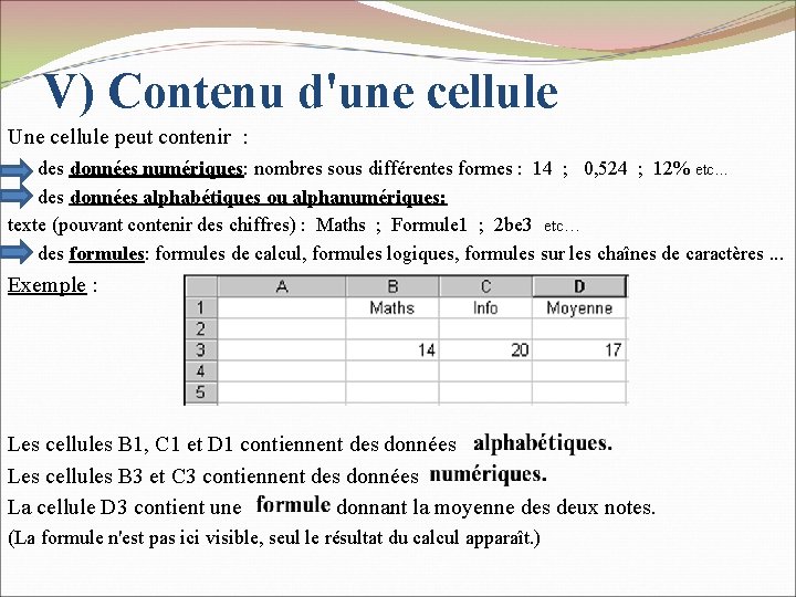 V) Contenu d'une cellule Une cellule peut contenir : des données numériques: nombres sous