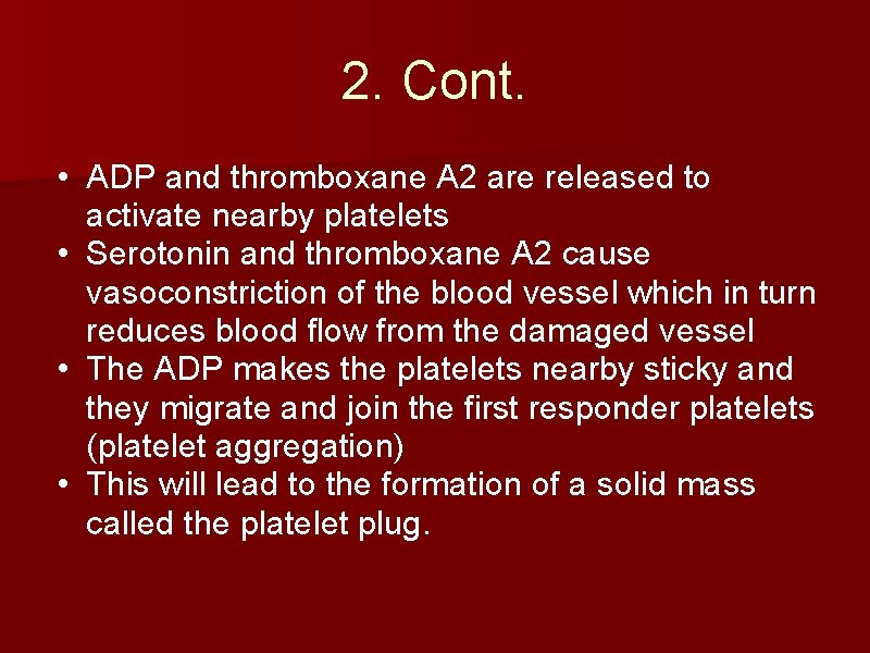 2. Cont. • ADP and thromboxane A 2 are released to activate nearby platelets