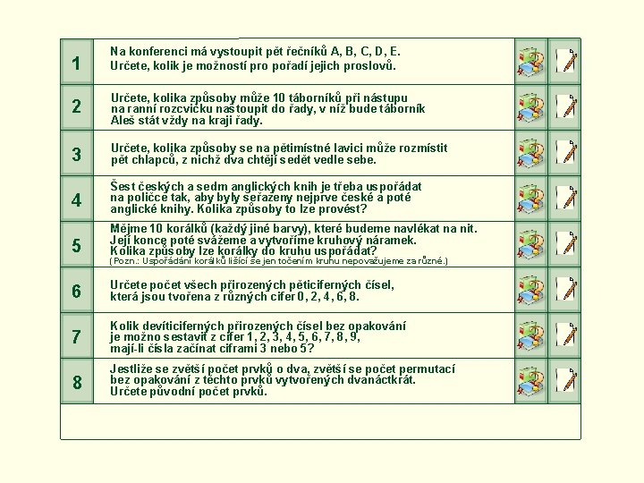 1 Na konferenci má vystoupit pět řečníků A, B, C, D, E. Určete, kolik