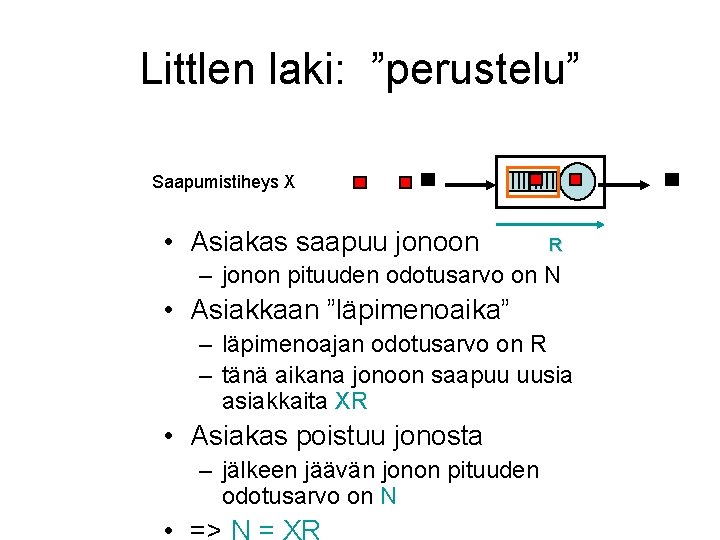 Littlen laki: ”perustelu” Saapumistiheys X • Asiakas saapuu jonoon R – jonon pituuden odotusarvo