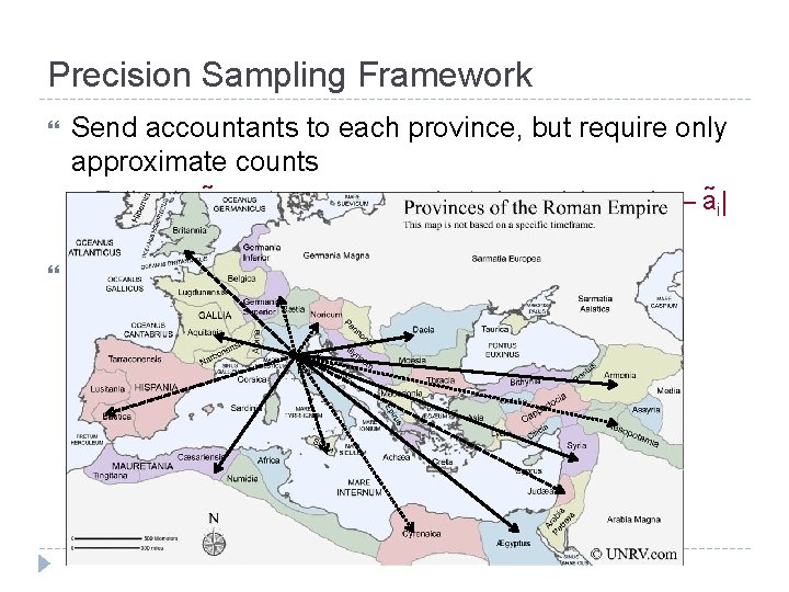 Precision Sampling Framework Send accountants to each province, but require only approximate counts Estimate