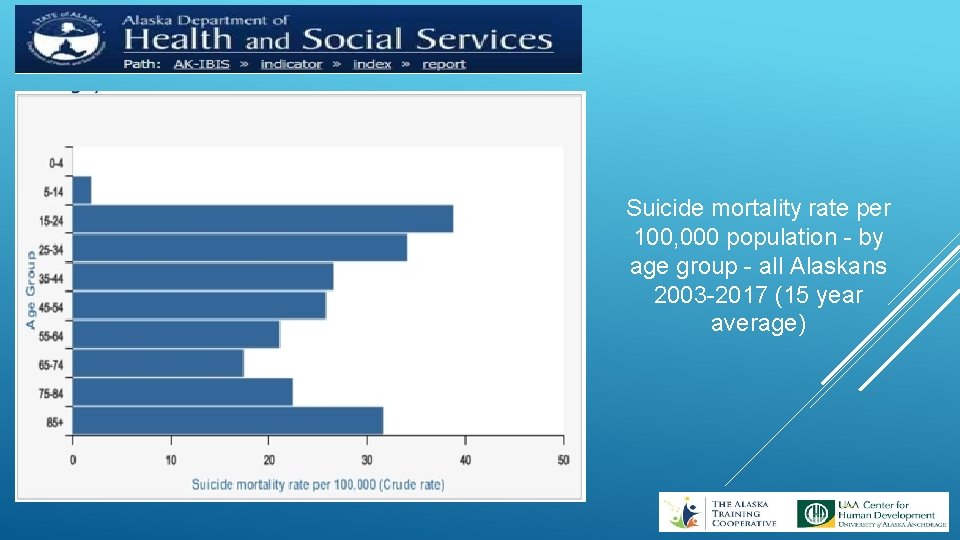 Suicide mortality rate per 100, 000 population - by age group - all Alaskans
