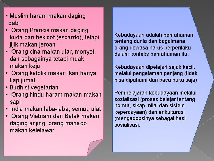  • Muslim haram makan daging babi • Orang Prancis makan daging kuda dan