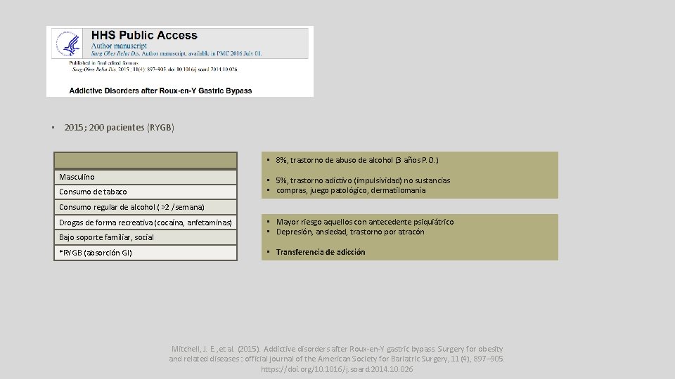  • 2015; 200 pacientes (RYGB) • 8%, trastorno de abuso de alcohol (3