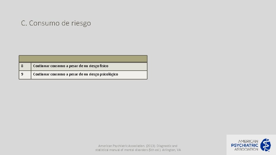 C. Consumo de riesgo 8 Continuar consumo a pesar de un riesgo físico 9