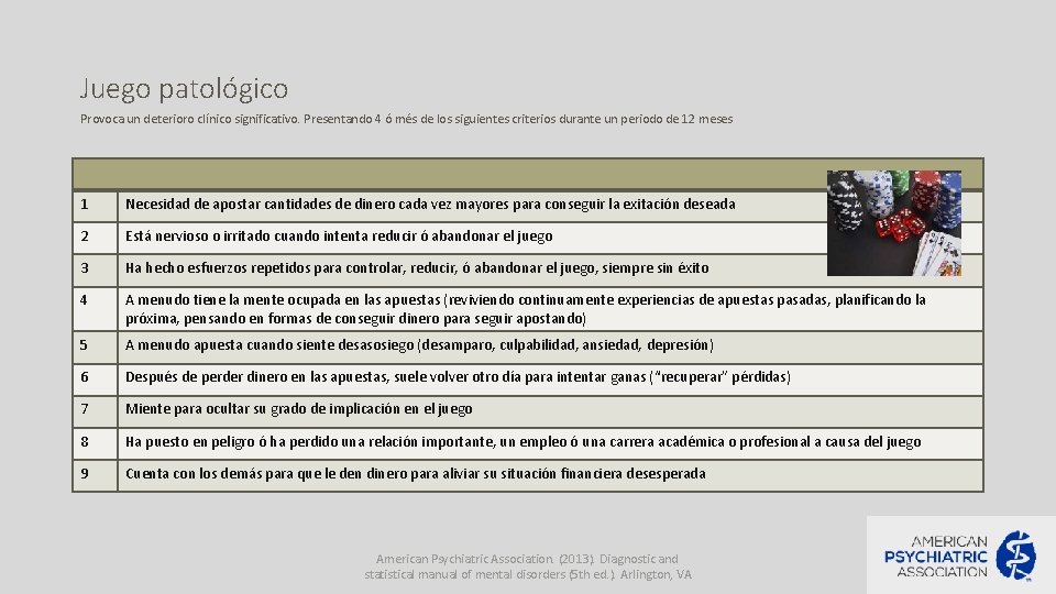 Juego patológico Provoca un deterioro clínico significativo. Presentando 4 ó més de los siguientes