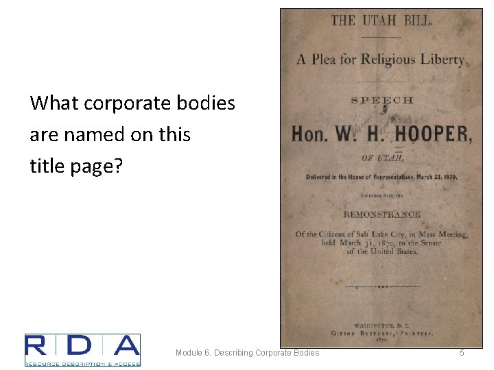 What corporate bodies are named on this title page? Module 6. Describing Corporate Bodies
