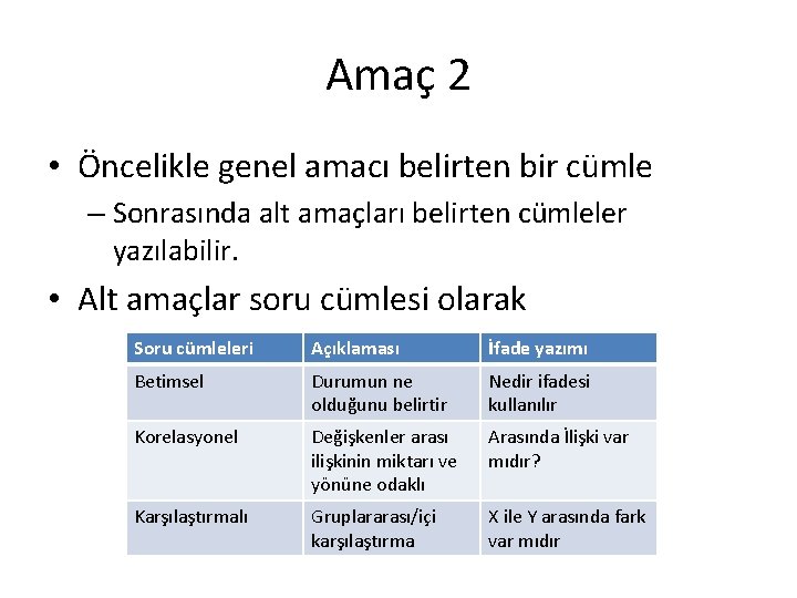 Amaç 2 • Öncelikle genel amacı belirten bir cümle – Sonrasında alt amaçları belirten