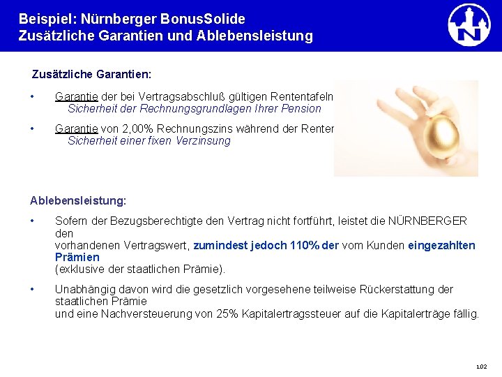 Beispiel: Nürnberger Bonus. Solide Zusätzliche Garantien und Ablebensleistung Zusätzliche Garantien: • Garantie der bei