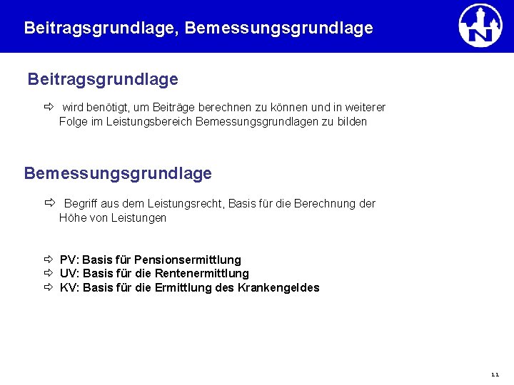 Beitragsgrundlage, Bemessungsgrundlage Beitragsgrundlage wird benötigt, um Beiträge berechnen zu können und in weiterer Folge