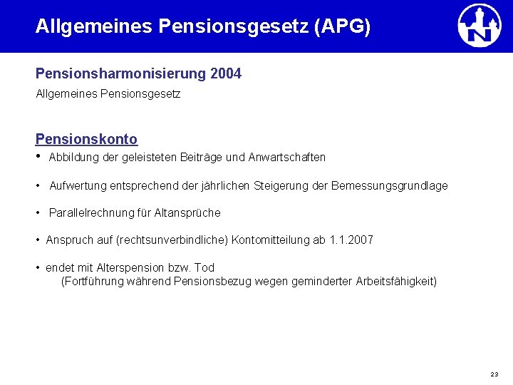 Allgemeines Pensionsgesetz (APG) Pensionsharmonisierung 2004 Allgemeines Pensionsgesetz Pensionskonto • Abbildung der geleisteten Beiträge und