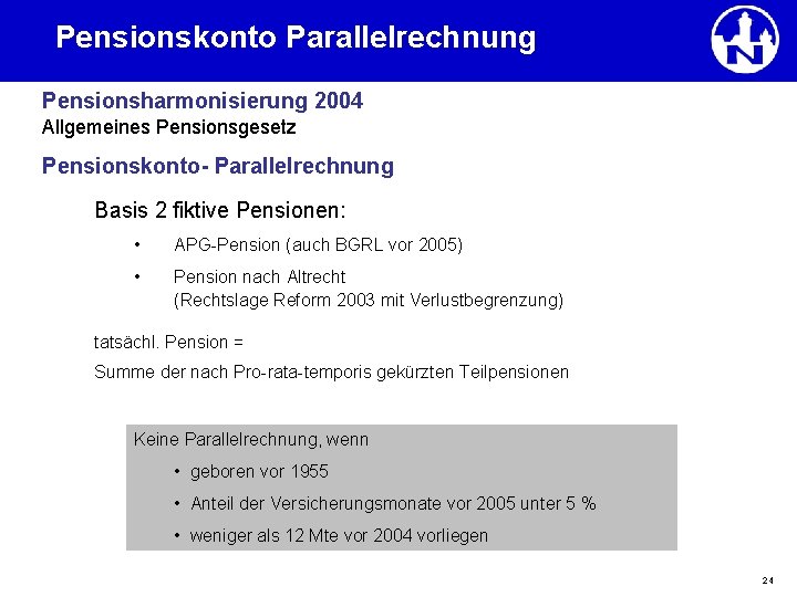 Pensionskonto Parallelrechnung Pensionsharmonisierung 2004 Allgemeines Pensionsgesetz Pensionskonto- Parallelrechnung Basis 2 fiktive Pensionen: • APG-Pension