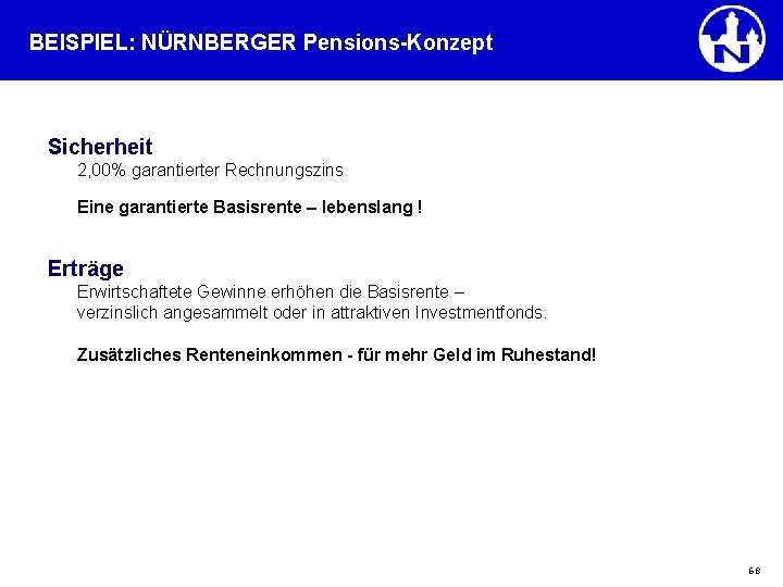 BEISPIEL: NÜRNBERGER Pensions-Konzept Sicherheit 2, 00% garantierter Rechnungszins Eine garantierte Basisrente – lebenslang !