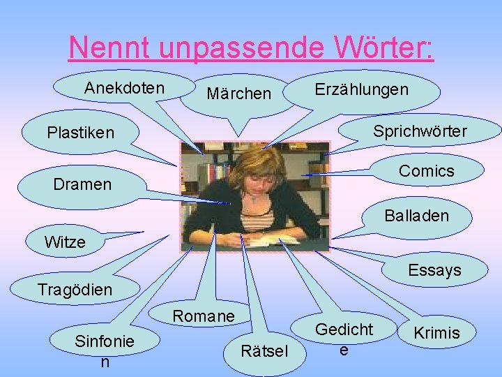 Nennt unpassende Wörter: Anekdoten Märchen Erzählungen Sprichwörter Plastiken Comics Dramen Balladen Witze Essays Tragödien