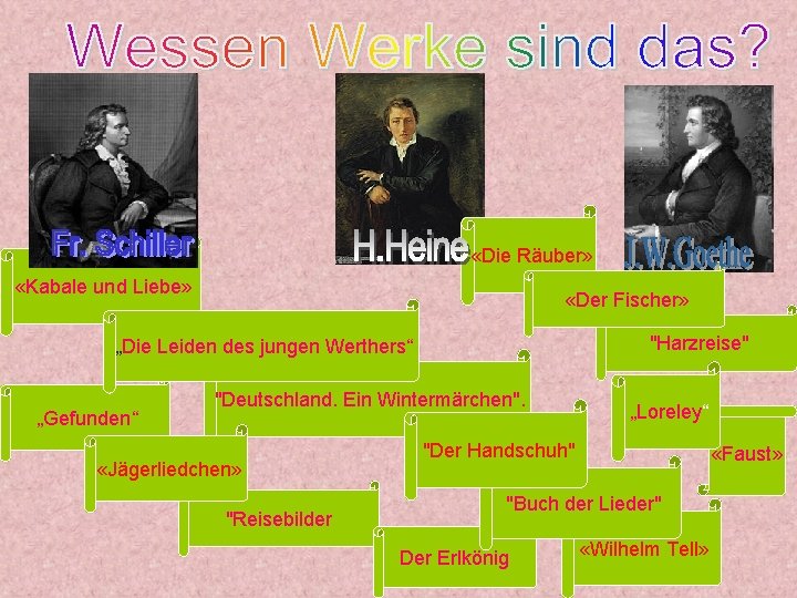  «Die Räuber» «Kabale und Liebe» «Der Fischer» "Harzreise" „Die Leiden des jungen Werthers“