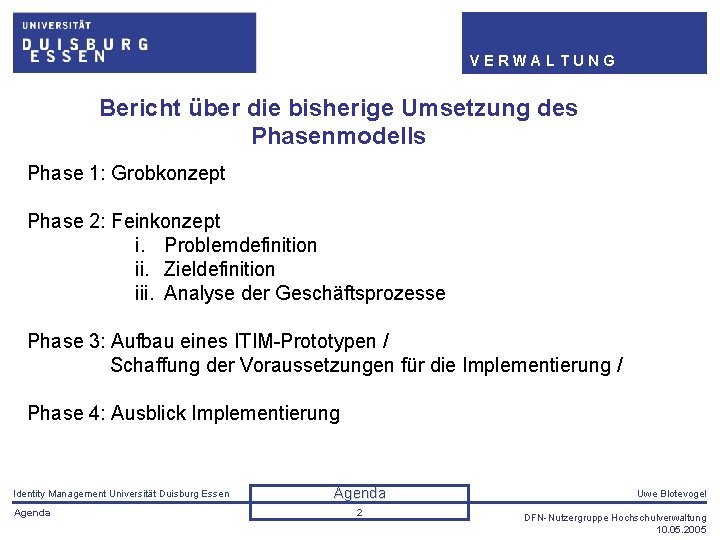 VERWALTUNG Bericht über die bisherige Umsetzung des Phasenmodells Phase 1: Grobkonzept Phase 2: Feinkonzept