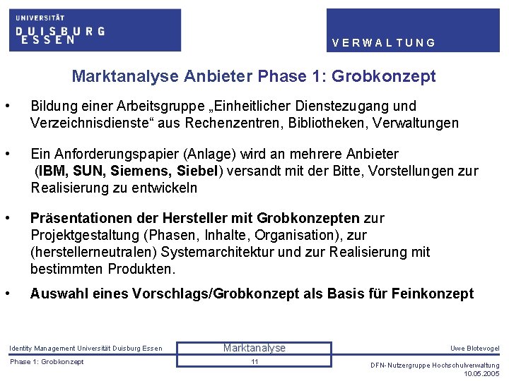 VERWALTUNG Marktanalyse Anbieter Phase 1: Grobkonzept • Bildung einer Arbeitsgruppe „Einheitlicher Dienstezugang und Verzeichnisdienste“