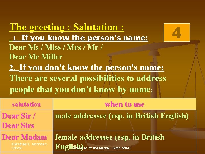 The greeting : Salutation : . 1. If you know the person's name: 4