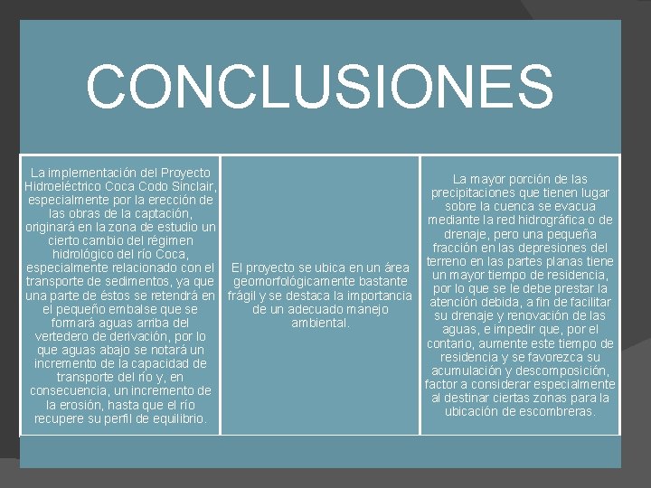 CONCLUSIONES La implementación del Proyecto Hidroeléctrico Coca Codo Sinclair, especialmente por la erección de