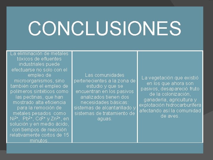 CONCLUSIONES La eliminación de metales tóxicos de efluentes industriales puede efectuarse no solo con