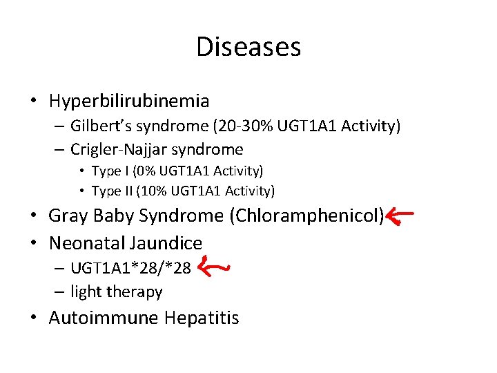 Diseases • Hyperbilirubinemia – Gilbert’s syndrome (20 -30% UGT 1 A 1 Activity) –