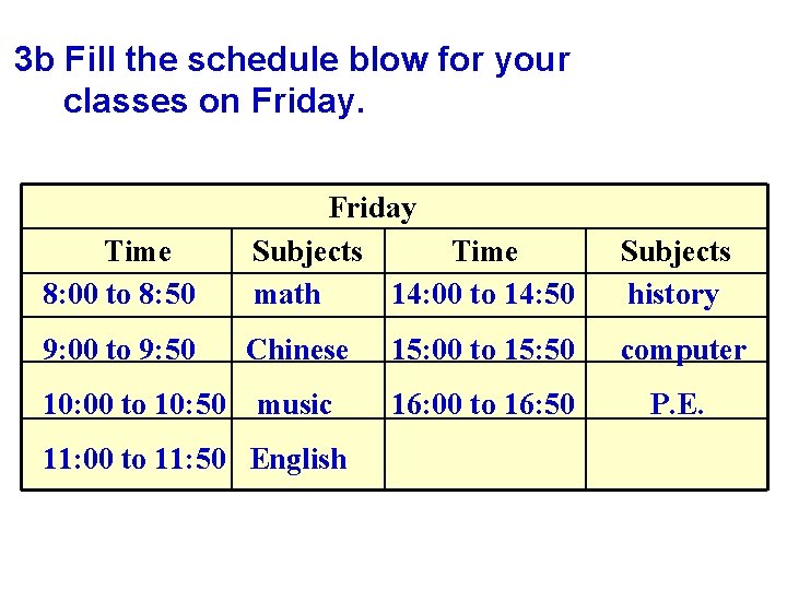 3 b Fill the schedule blow for your classes on Friday. Time 8: 00