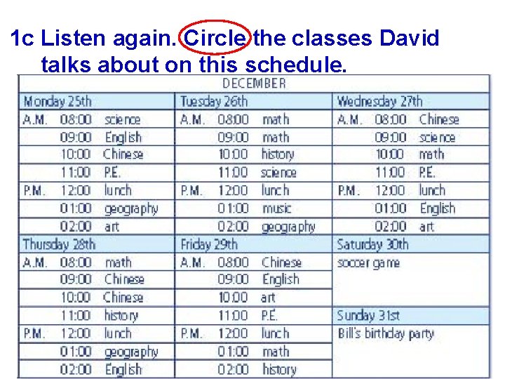 1 c Listen again. Circle the classes David talks about on this schedule. 