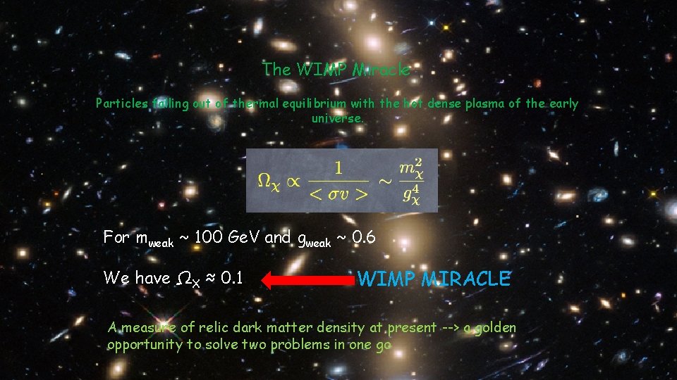 The WIMP Miracle Particles falling out of thermal equilibrium with the hot dense plasma