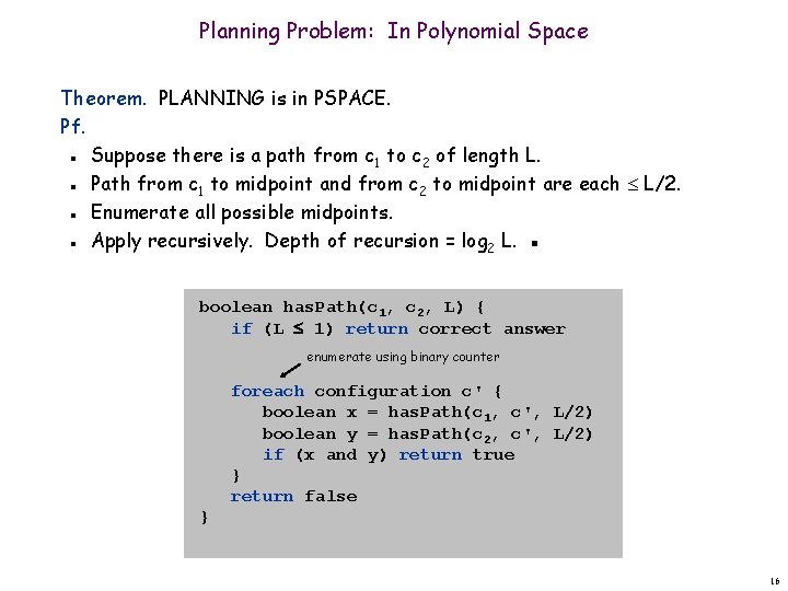 Planning Problem: In Polynomial Space Theorem. PLANNING is in PSPACE. Pf. Suppose there is
