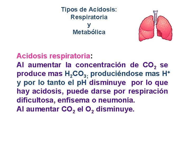 Tipos de Acidosis: Respiratoria y Metabólica Acidosis respiratoria: Al aumentar la concentración de CO