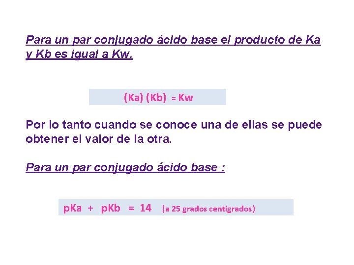 Para un par conjugado ácido base el producto de Ka y Kb es igual