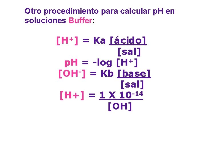 Otro procedimiento para calcular p. H en soluciones Buffer: [H+] = Ka [ácido] [sal]
