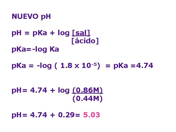 NUEVO p. H = p. Ka + log [sal] [ácido] p. Ka=-log Ka p.