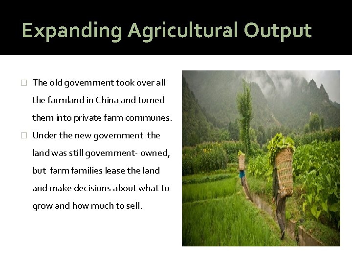 Expanding Agricultural Output � The old government took over all the farmland in China