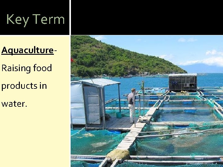 Key Term Aquaculture. Raising food products in water. 