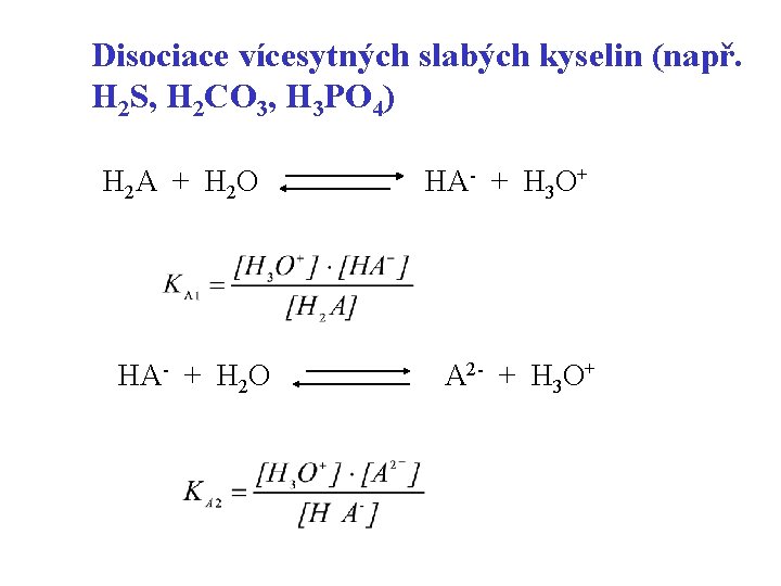 Disociace vícesytných slabých kyselin (např. H 2 S, H 2 CO 3, H 3