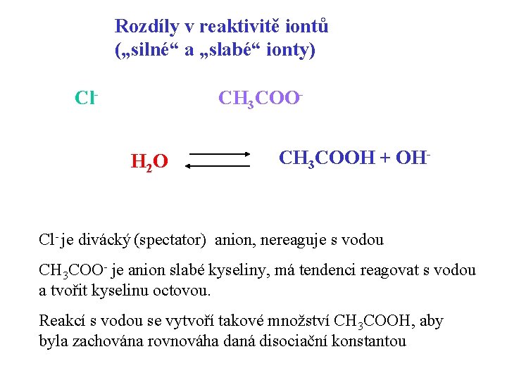 Rozdíly v reaktivitě iontů („silné“ a „slabé“ ionty) Cl- CH 3 COOH 2 O