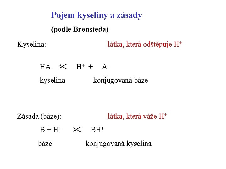 Pojem kyseliny a zásady (podle Brønsteda) Kyselina: HA látka, která odštěpuje H+ + kyselina