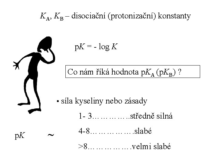 KA, KB – disociační (protonizační) konstanty p. K = - log K Co nám