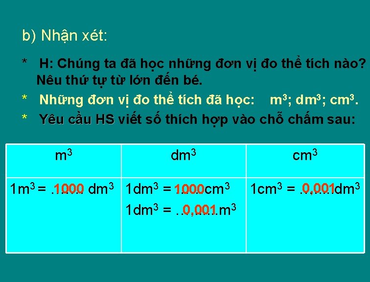 b) Nhận xét: * H: Chúng ta đã học những đơn vị đo thể