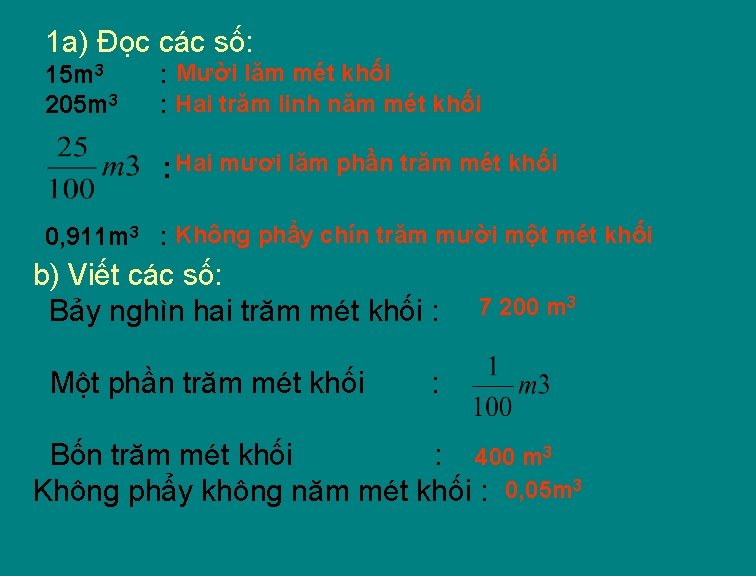 1 a) Đọc các số: 15 m 3 205 m 3 : Mười lăm